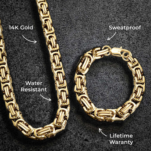 Mens Jewelry - Mens 14K Gold Byzantine Chain & Bracelet
