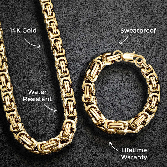 Mens Jewelry - Mens 14K Gold Byzantine Chain & Bracelet