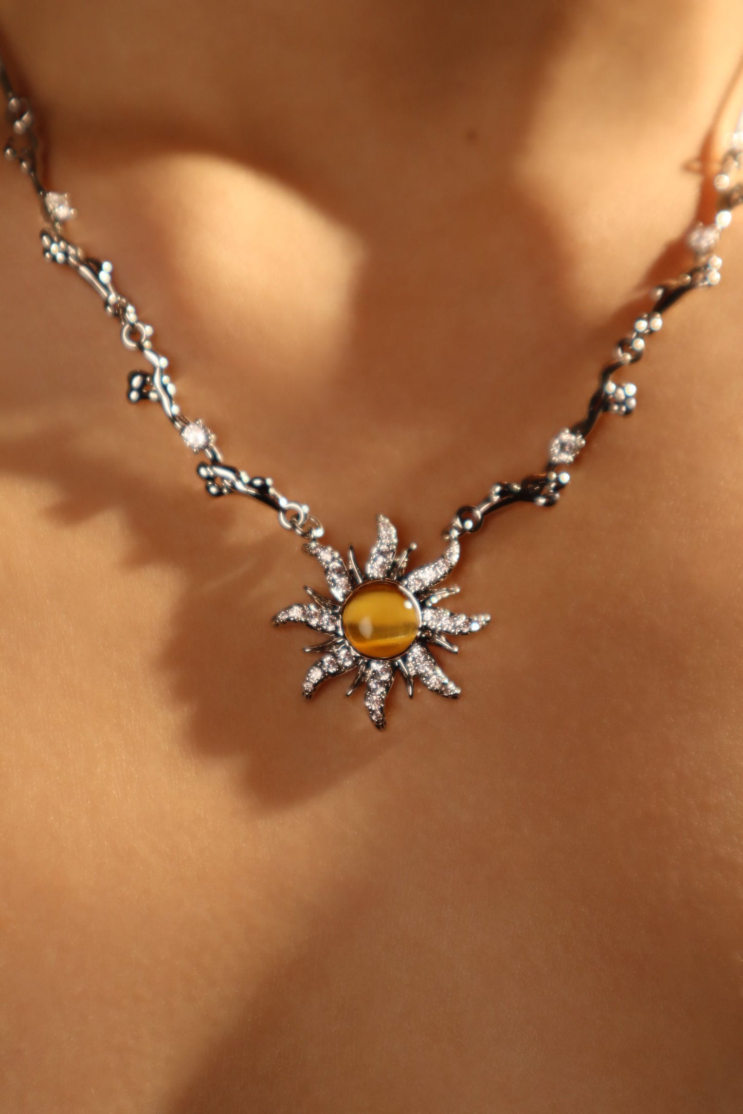 Palladium White Gold Plated Orange Opal Sun Necklace