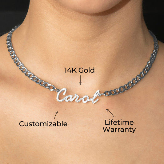 Women Jewelry - White Gold Iced Out VVS Name Necklace | Style # N40