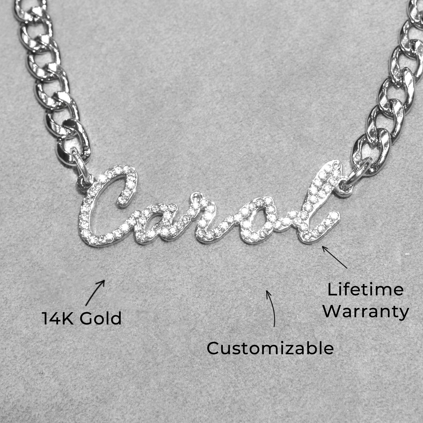 Women Jewelry - White Gold Iced Out VVS Name Necklace | Style # N40