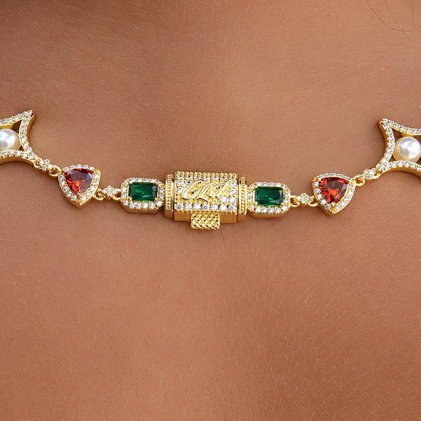 Colored Gemstone Pearl Rosary Chain Necklace in Yellow Gold