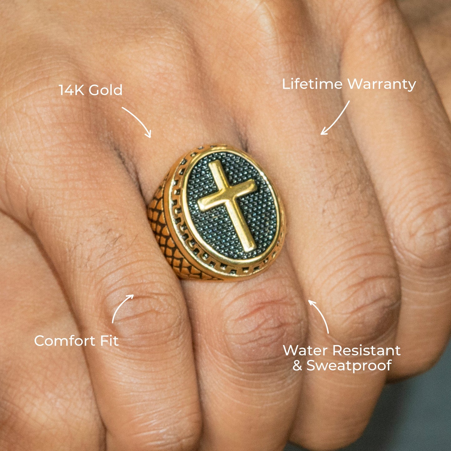 Mens Jewelry - Oval Cross Gold Pinky Ring | 17 Grams