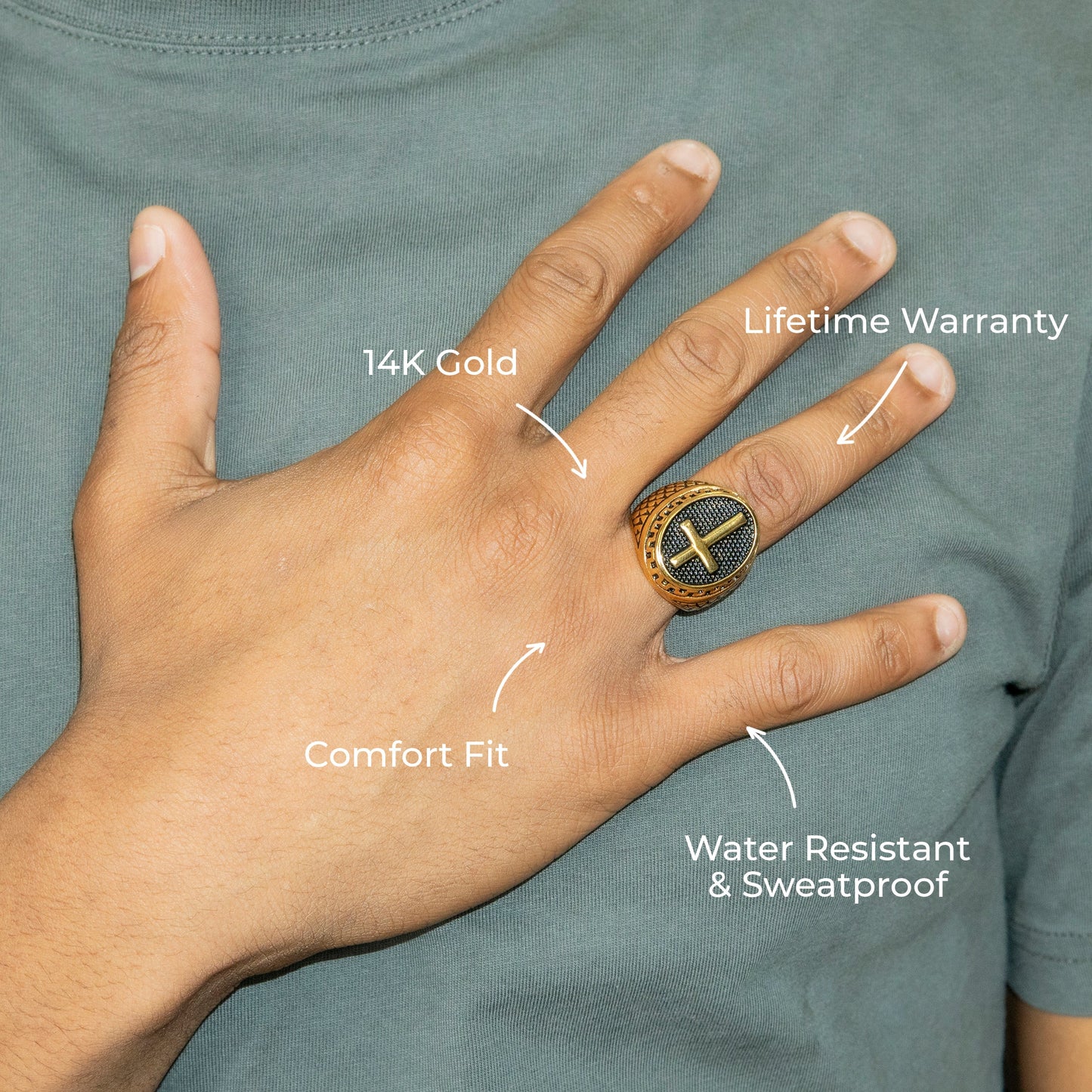 Mens Jewelry - Oval Cross Gold Pinky Ring | 17 Grams