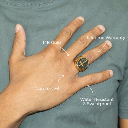 Mens Jewelry - Oval Cross Gold Pinky Ring | 17 Grams
