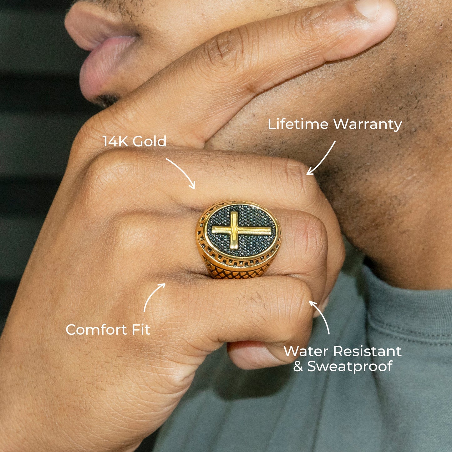 Mens Jewelry - Oval Cross Gold Pinky Ring | 17 Grams