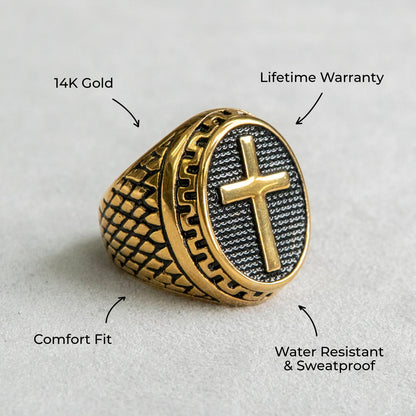 Mens Jewelry - Oval Cross Gold Pinky Ring | 17 Grams