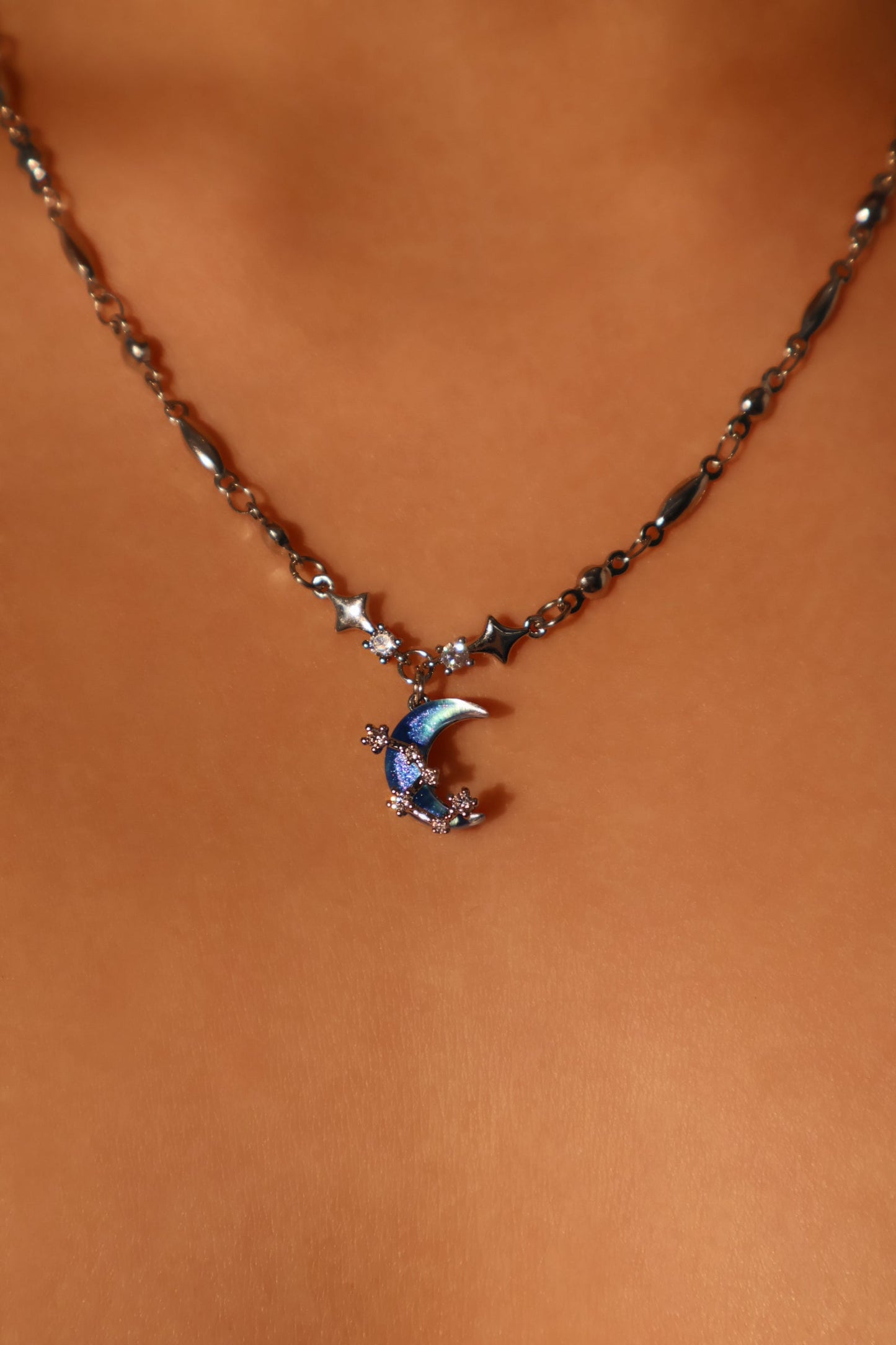 Palladium White Gold Plated Moonstone Moon Star Necklace