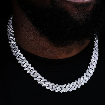 14MM 2Row Prong Cuban Link Necklace + Bracelet Bundle In White Gold