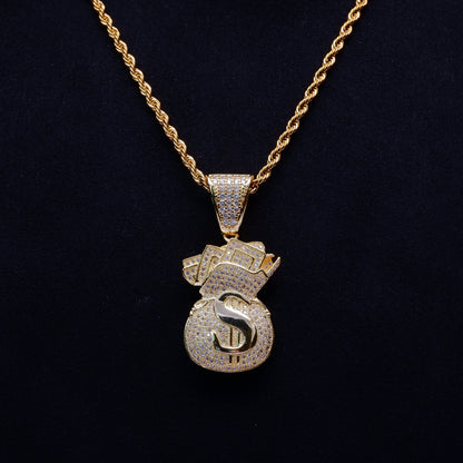 2020 18K Gold-Plated Dollar Money Bag BlingBling Pendant