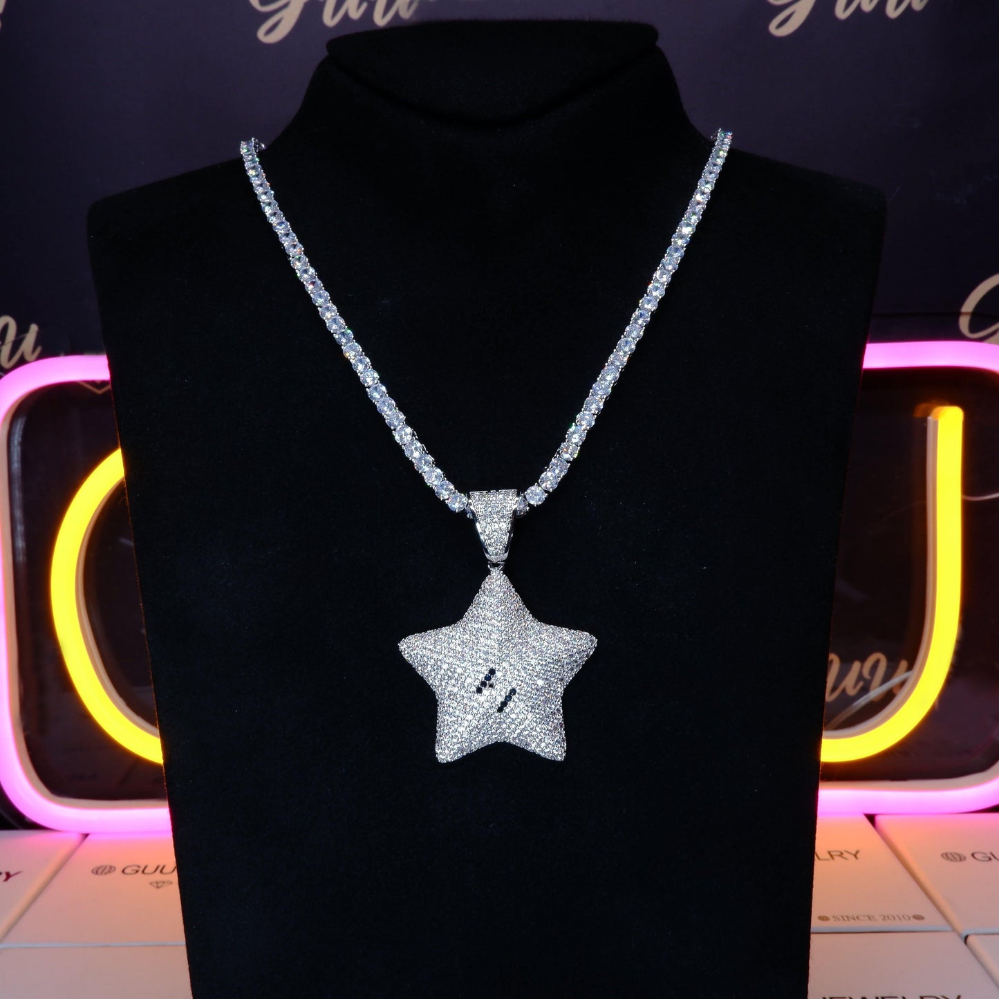 18K Gold-Plated CZ  Pentagram Hip Hop Pendant Necklace