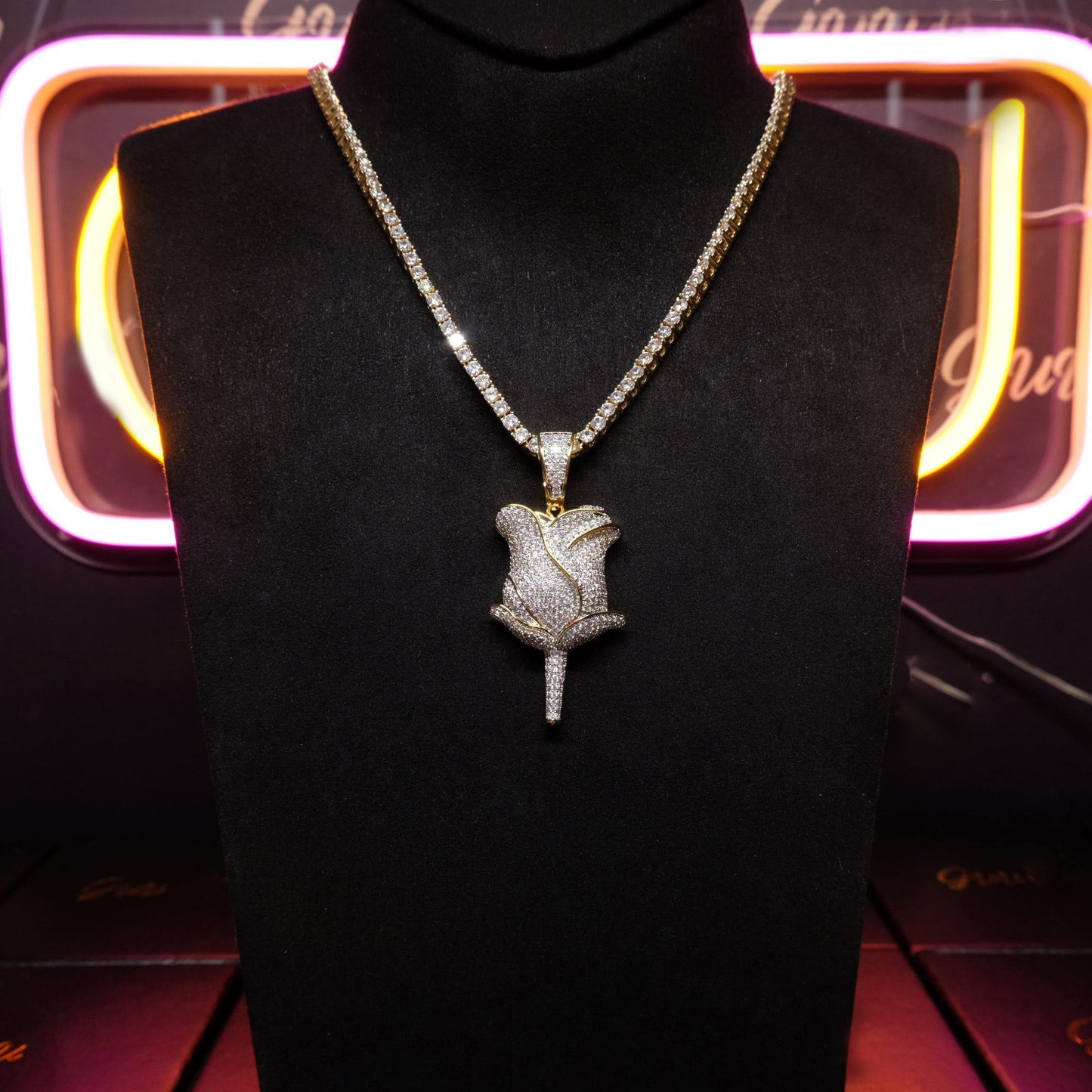30mm  Iced Gold-Plated CZ  Rose Pendant & Cuban Link Chain