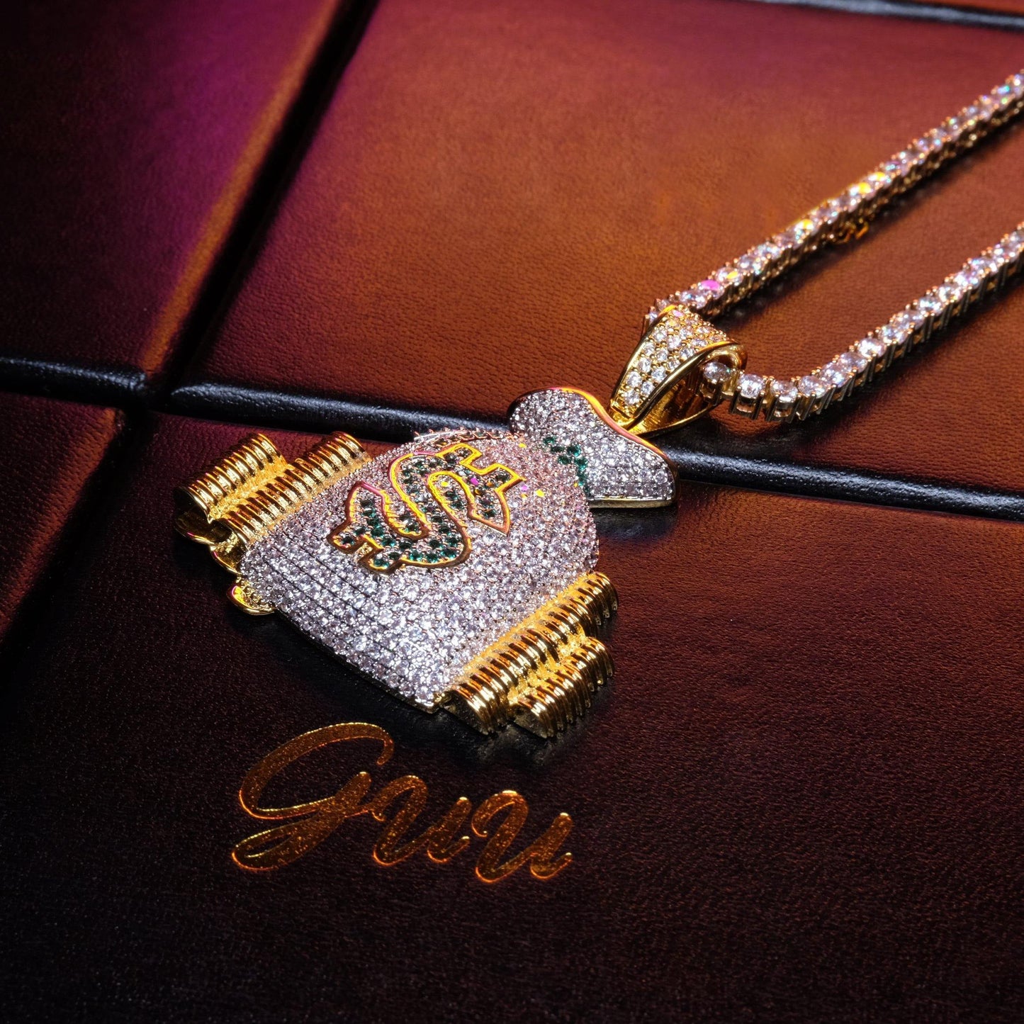 18K Yellow Gold-Plated Micro-inlay AAA CZ Dollar Money Bag Pendant