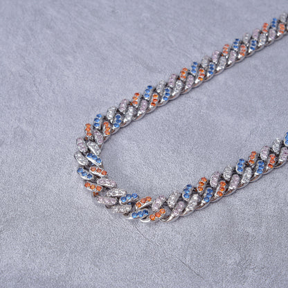 13mm 18K WhiteGold-Plated Colorful Iced Cuban Chain