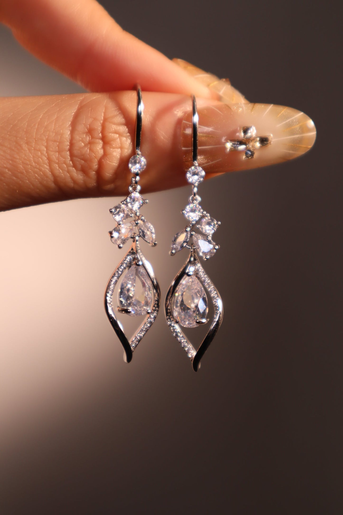 Palladium White Gold Plated Diamond Droplet Dangle Earrings