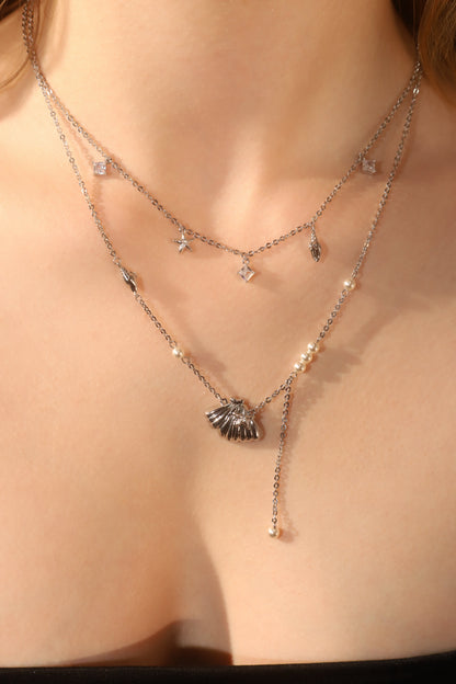 Palladium White Gold Plated Shell Starfish Pearls Layer Necklace
