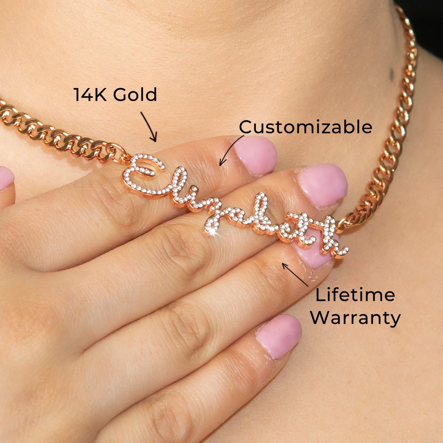 Women Jewelry - Rose Gold Iced Out VVS Name Necklace | Style # N18