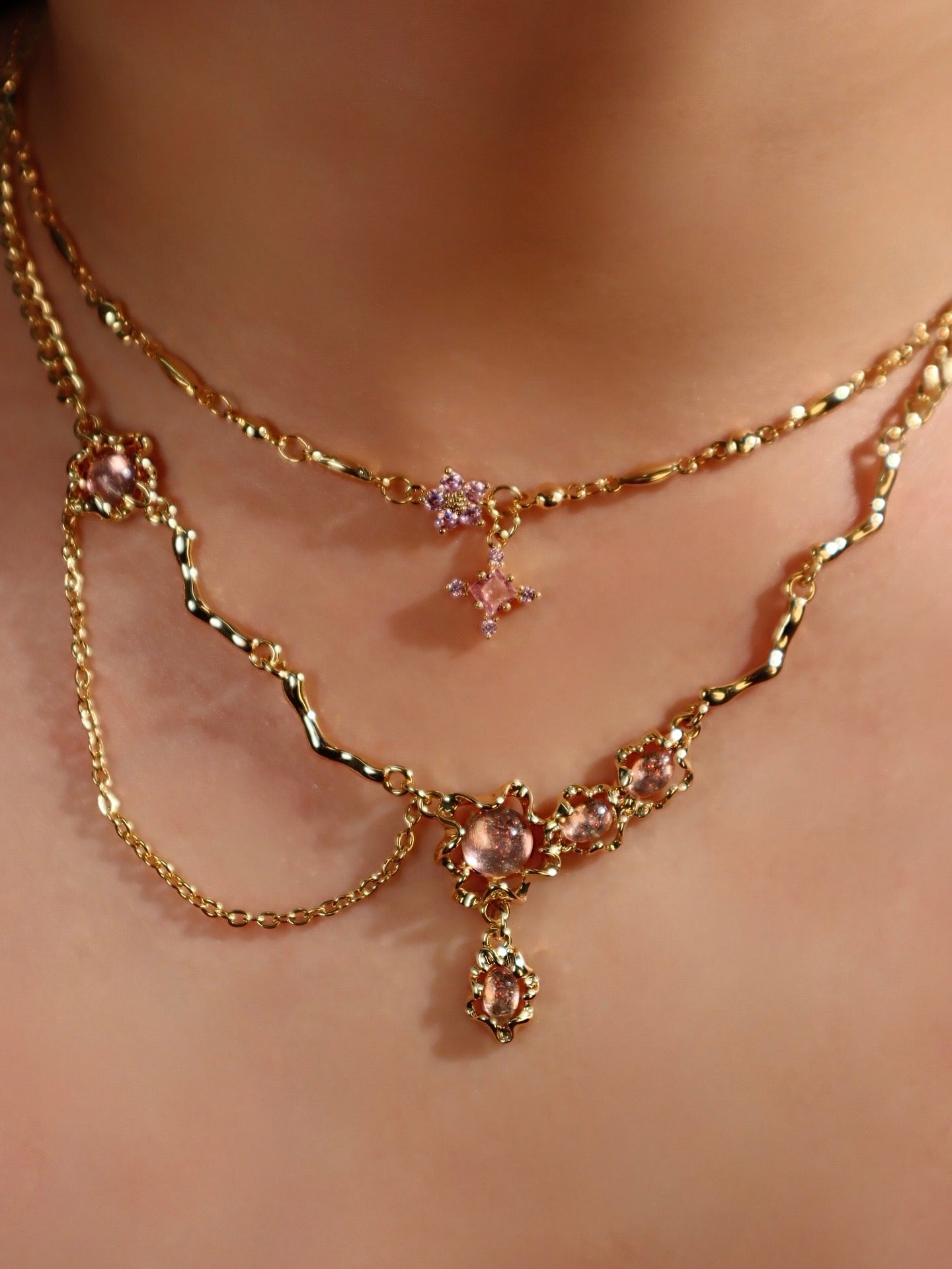18K Real Gold Plated Pink Lavender Gem Dangle Necklace