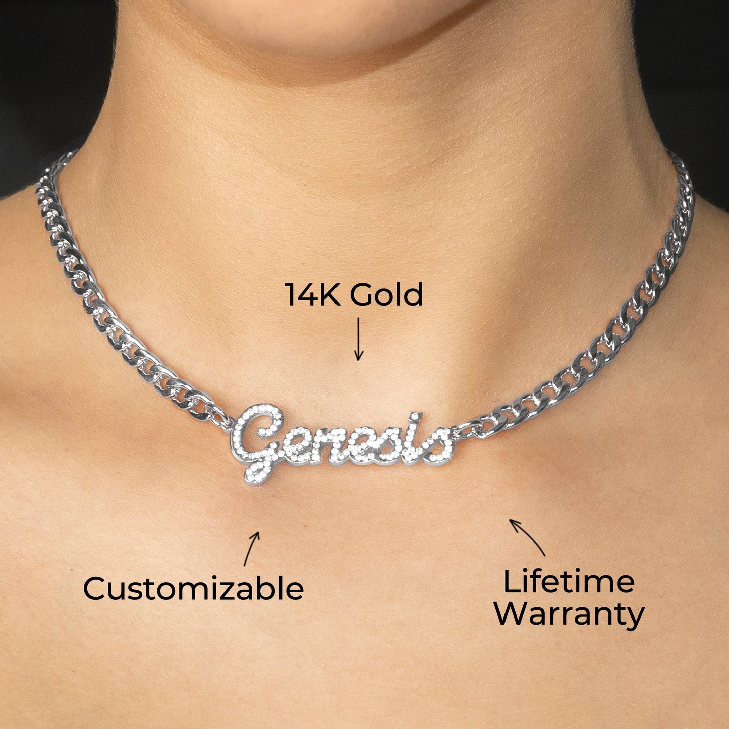 Women Jewelry - White Gold Iced Out VVS Name Necklace | Style # N24