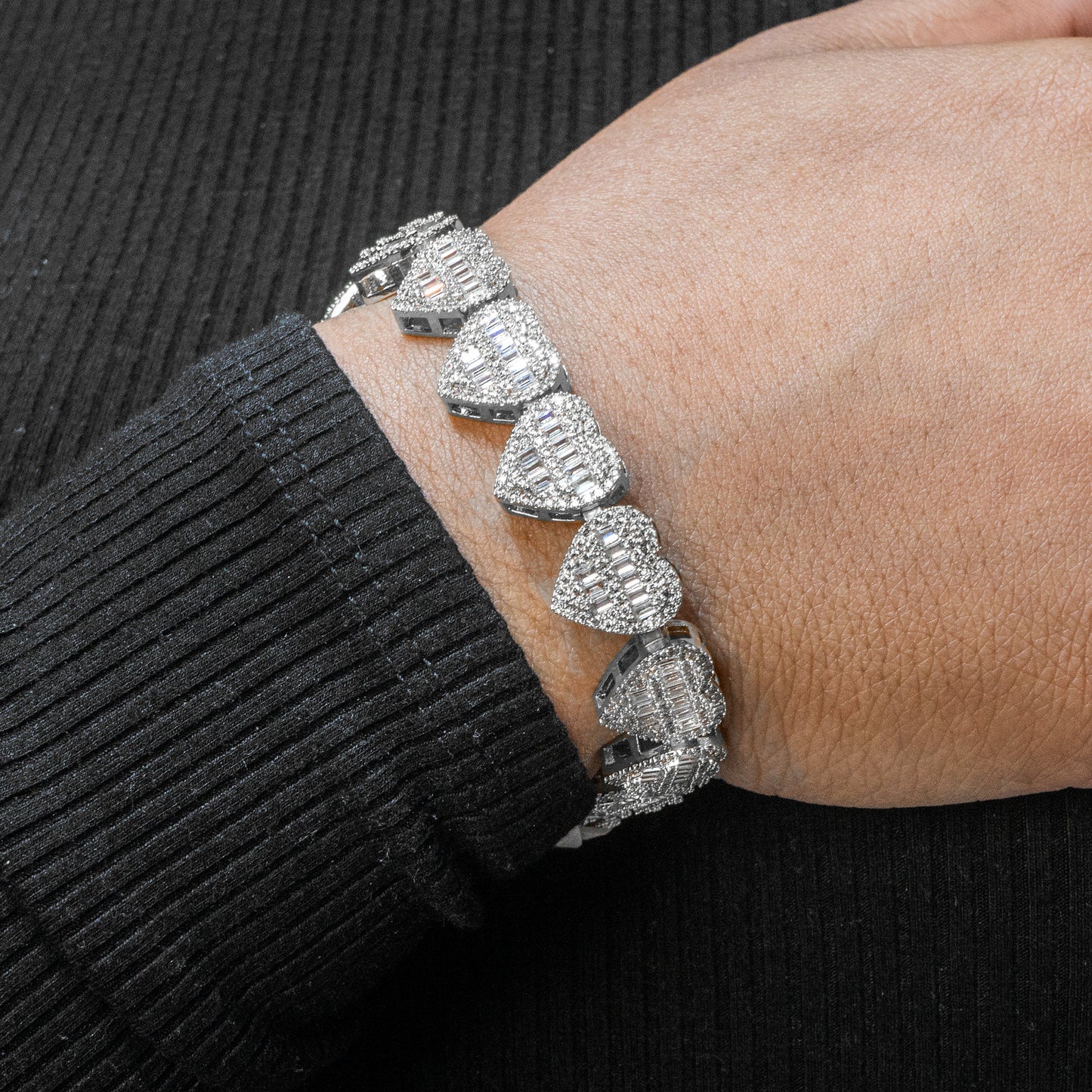 Womens Jewelry - 14K White Gold Iced Out VVS Heart Bracelet