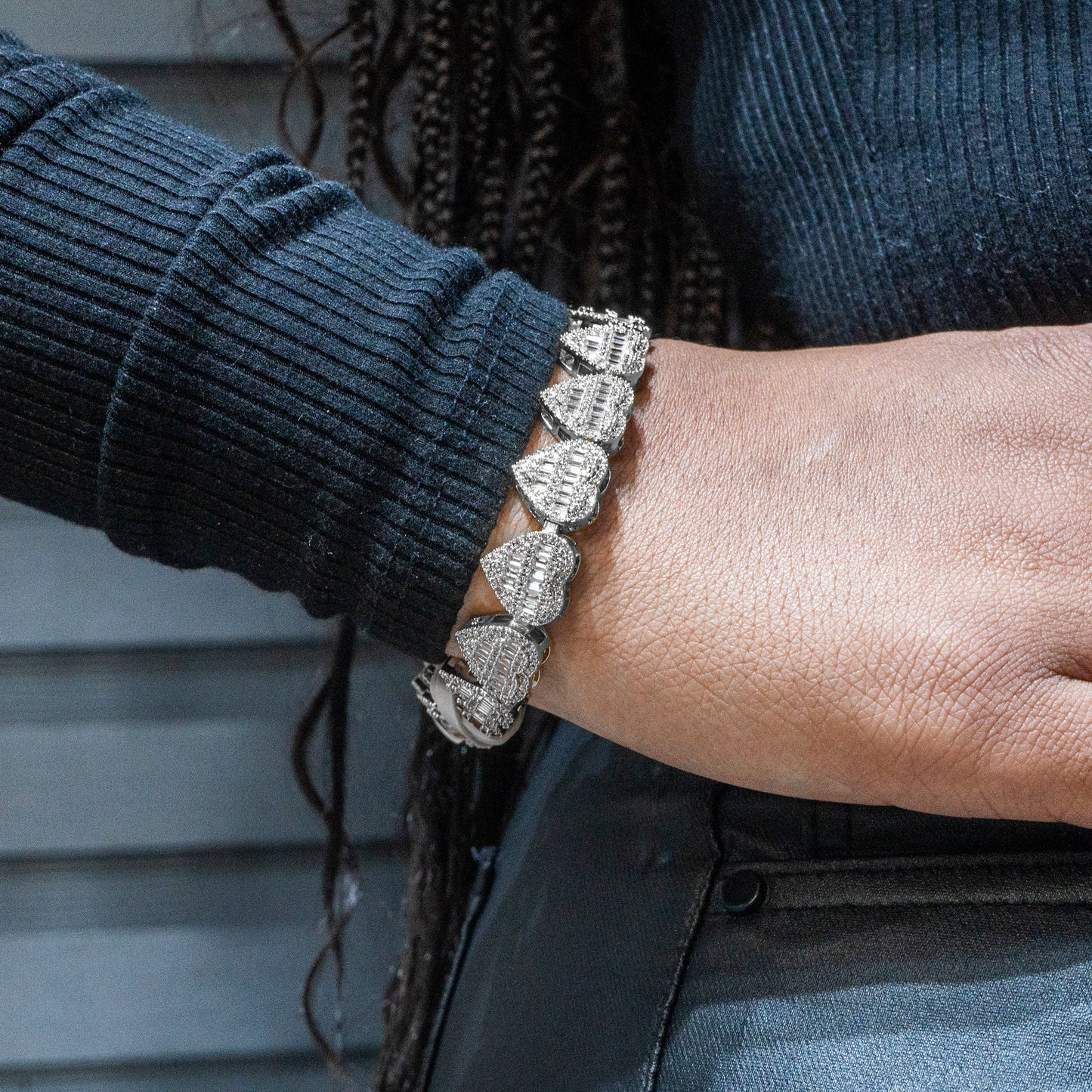 Womens Jewelry - 14K White Gold Iced Out VVS Heart Bracelet