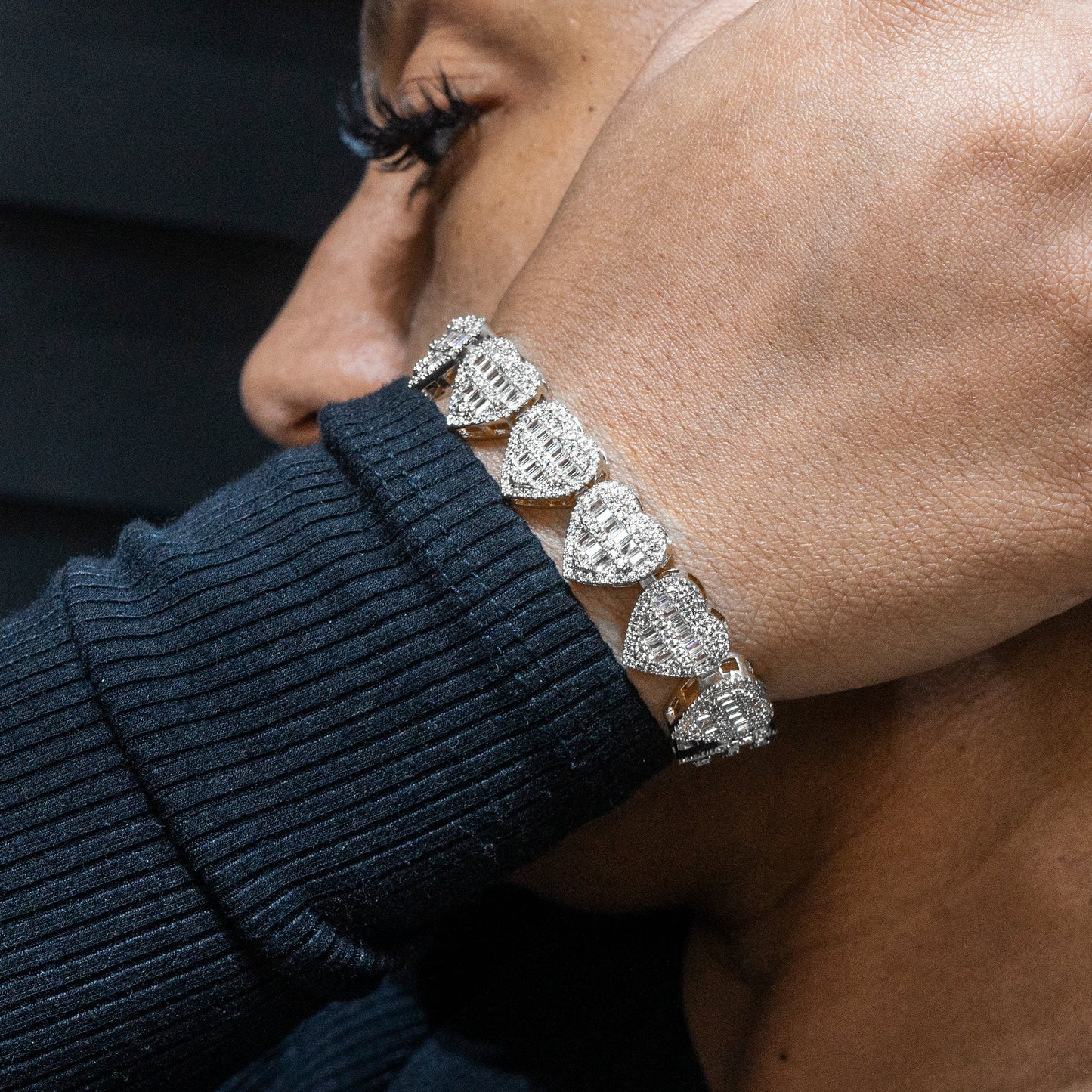 Womens Jewelry - 14K White Gold Iced Out VVS Heart Bracelet