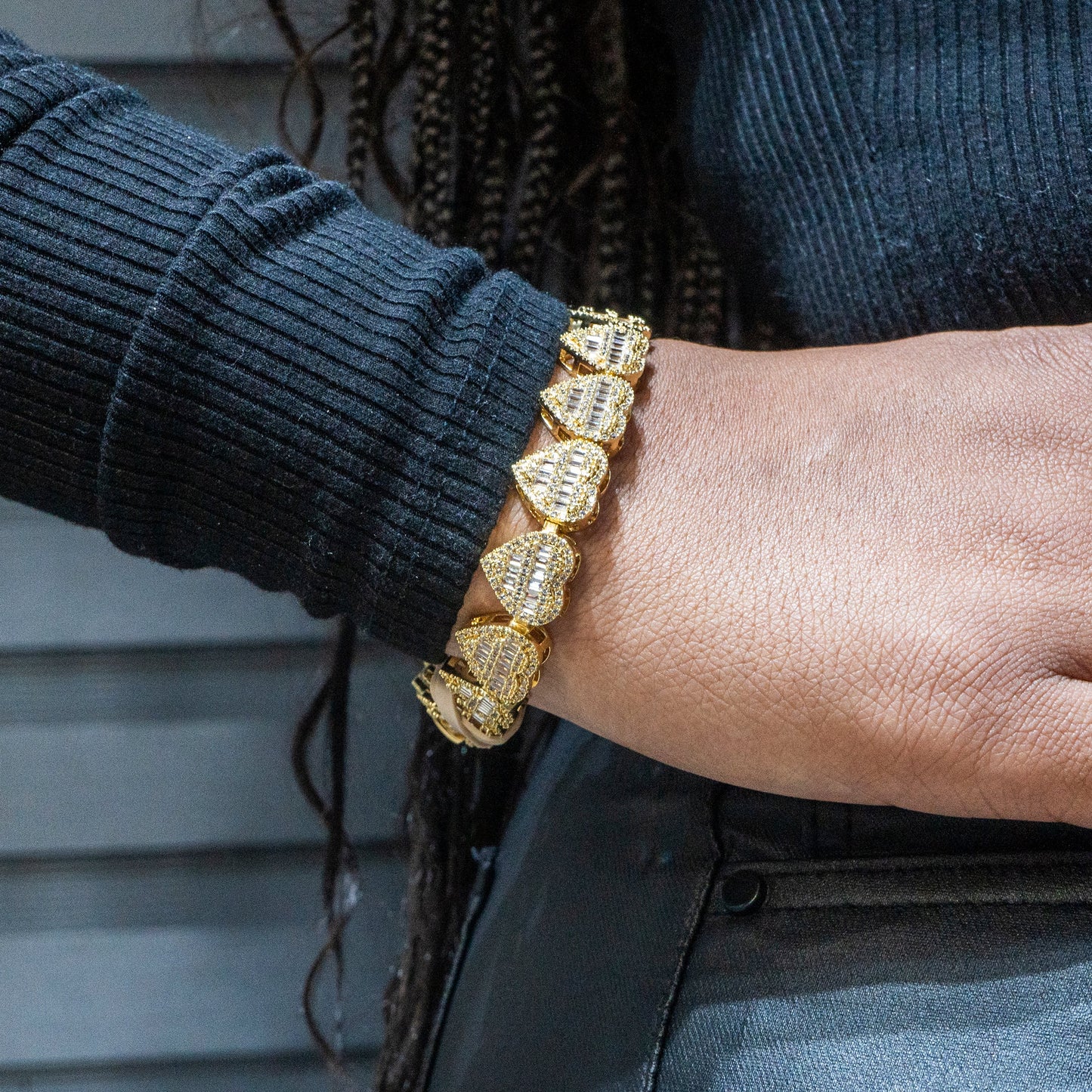 Womens Jewelry - 14K Gold Iced Out VVS Heart Bracelet