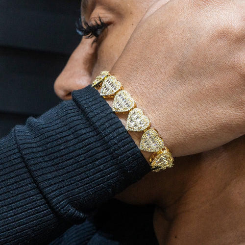 Womens Jewelry - 14K Gold Iced Out VVS Heart Bracelet