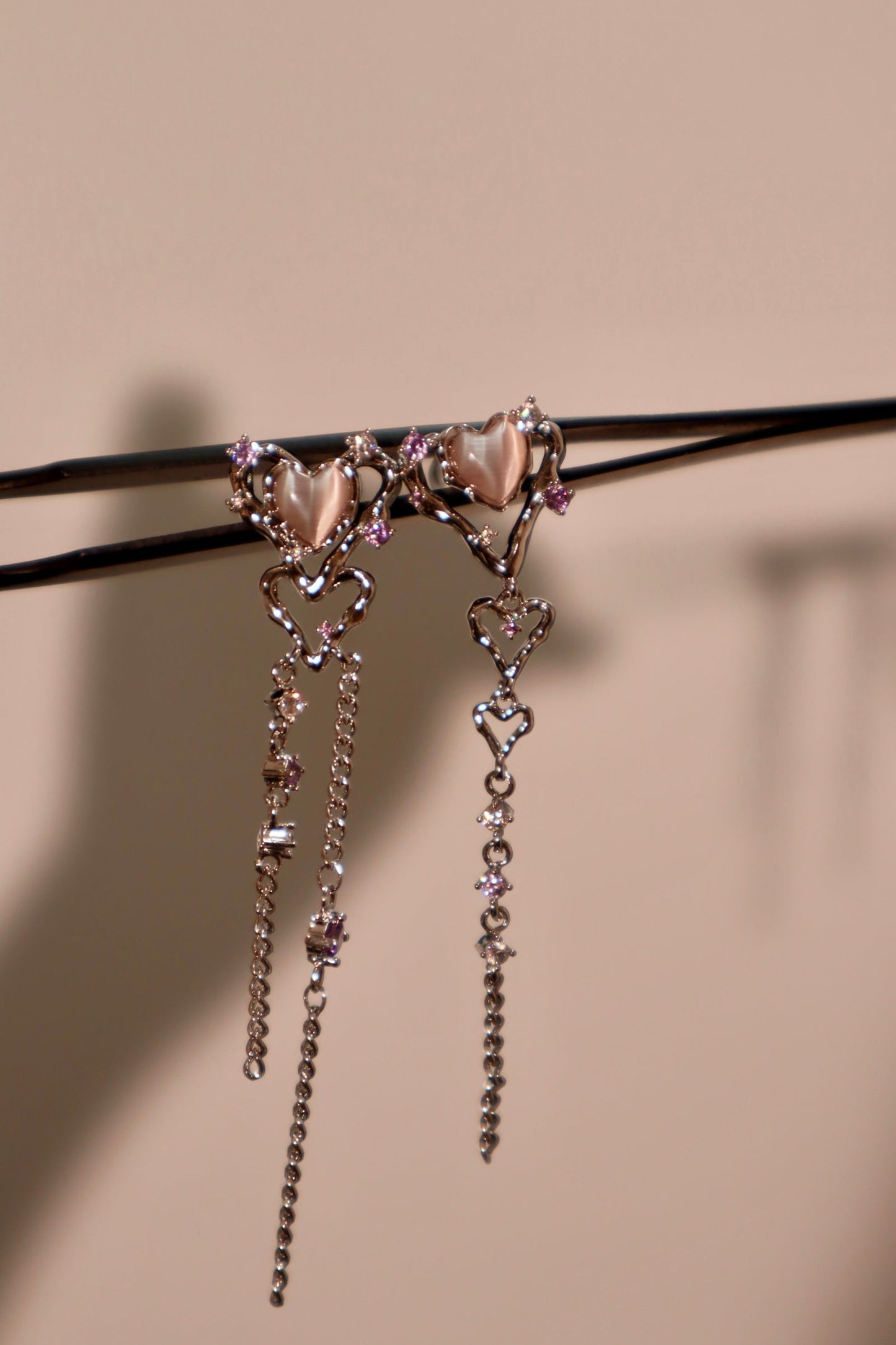 Palladium White Gold Plated Pink Opal Heart Dangle Earrings