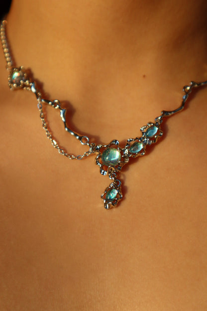 Palladium White Gold Plated Opal Dangle Necklace