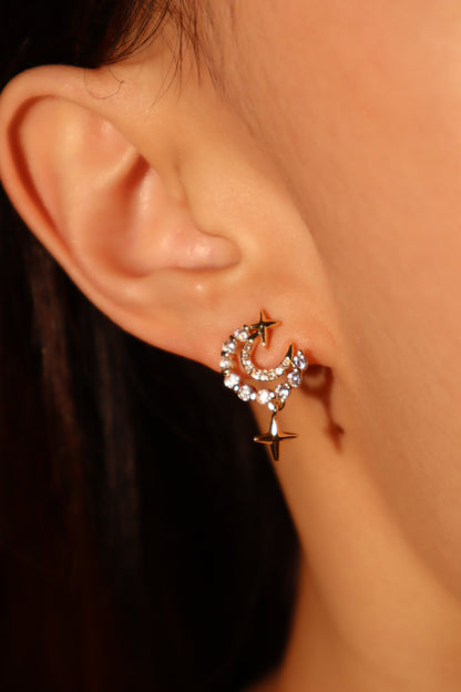 18K Real Gold Plated Diamonds Moon Star Earrings
