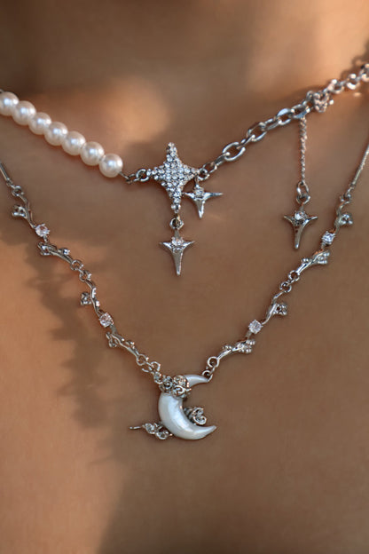 Palladium White Gold Plated Diamonds Natural Shell Moon Necklace