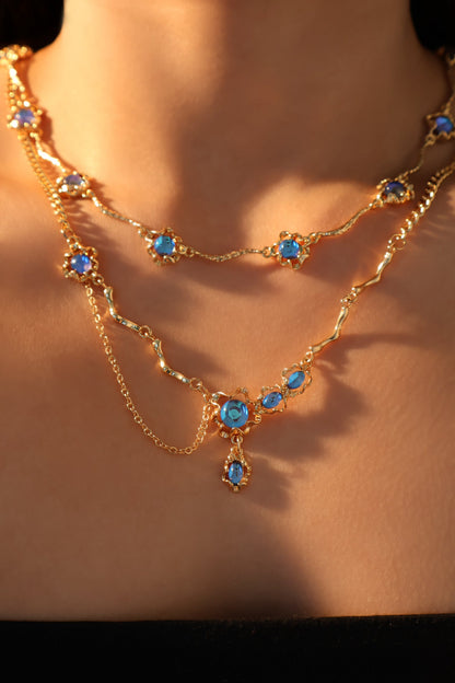 18K Real Gold Plated Multi Deep Blue Moonstones Necklace
