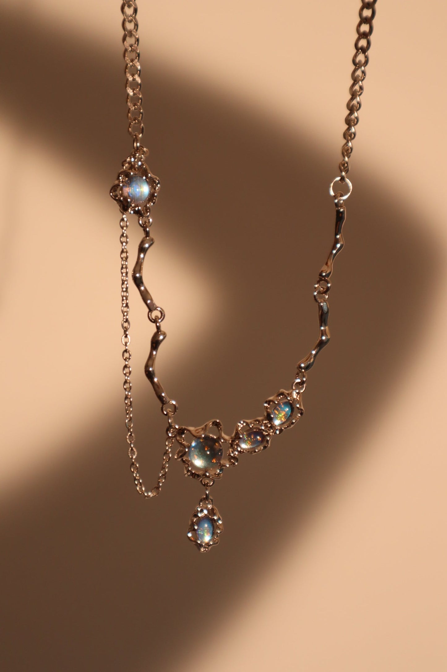 Palladium White Gold Plated Moonstone Dangle Necklace