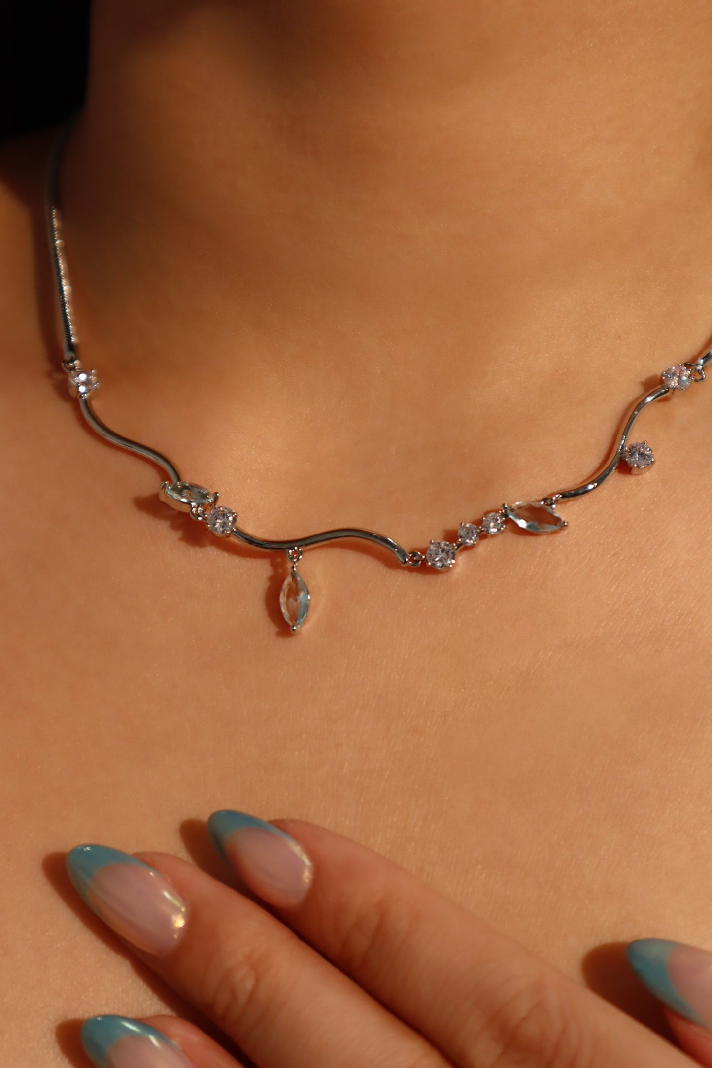 Palladium White Gold Plated Blue Gem Diamonds Necklace