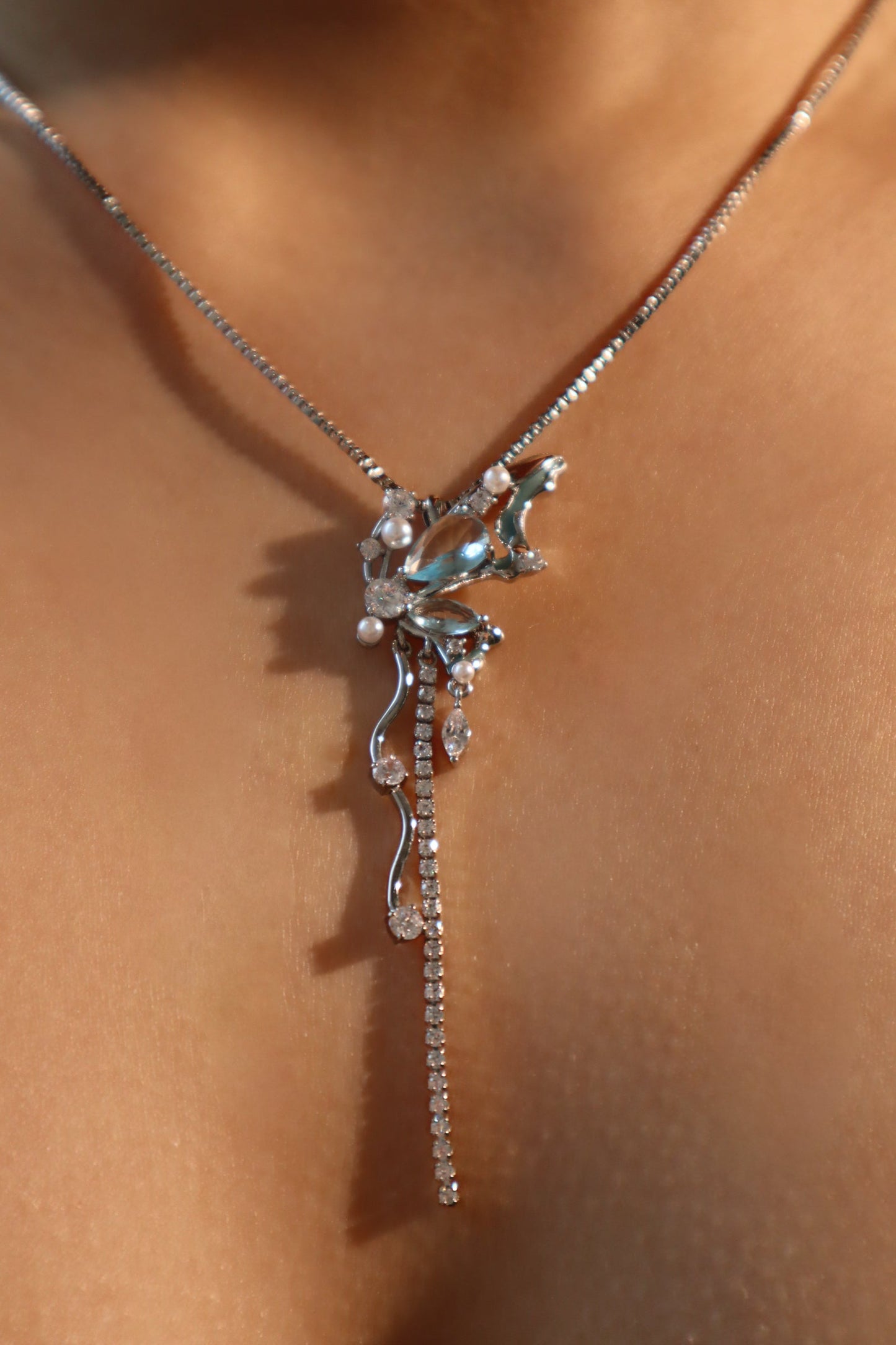 Palladium White Gold Plated Blue Gem Butterfly Necklace