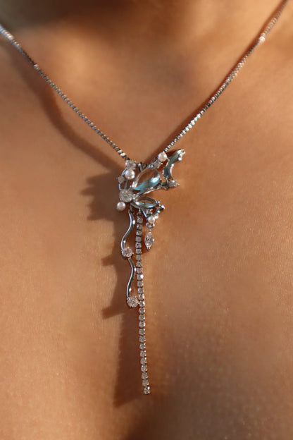 Palladium White Gold Plated Blue Gem Butterfly Necklace