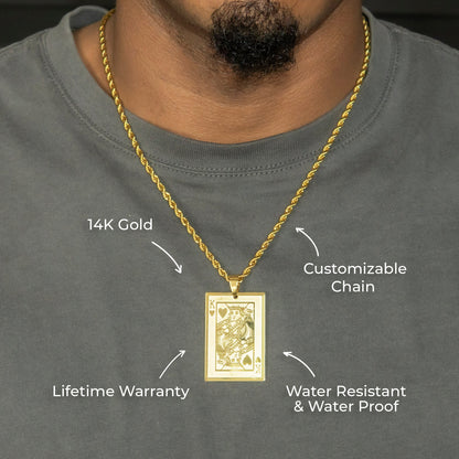 Mens Jewelry - 14K Gold King of Hearts Card Necklace | Appx. 16 Grams