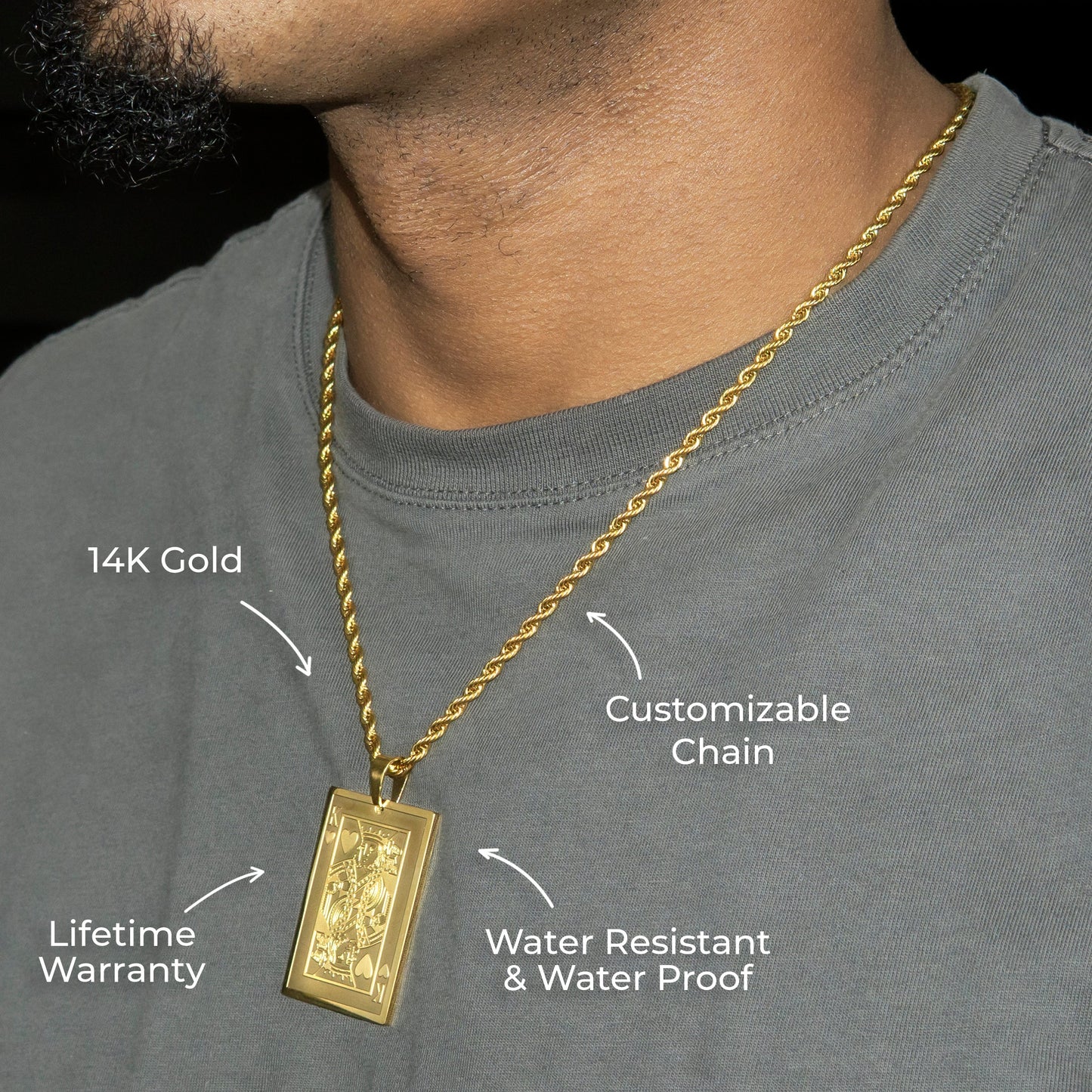 Mens Jewelry - 14K Gold King of Hearts Card Necklace | Appx. 16 Grams