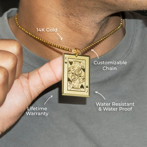 Mens Jewelry - 14K Gold King of Hearts Card Necklace | Appx. 16 Grams