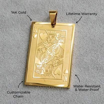 Mens Jewelry - 14K Gold King of Hearts Card Necklace | Appx. 16 Grams