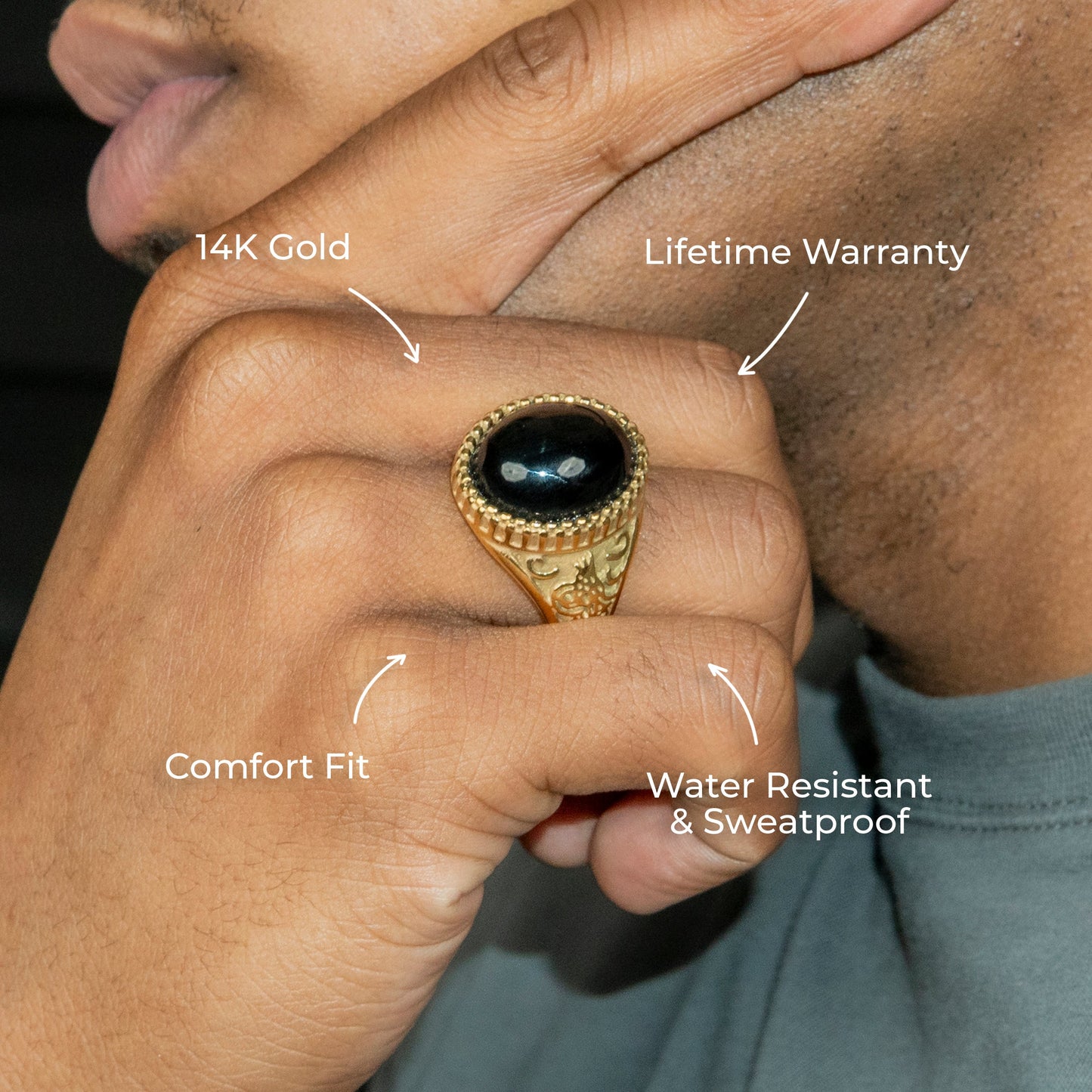 Mens Jewelry - Onyx Oval Gold Pinky Ring | 16 Grams