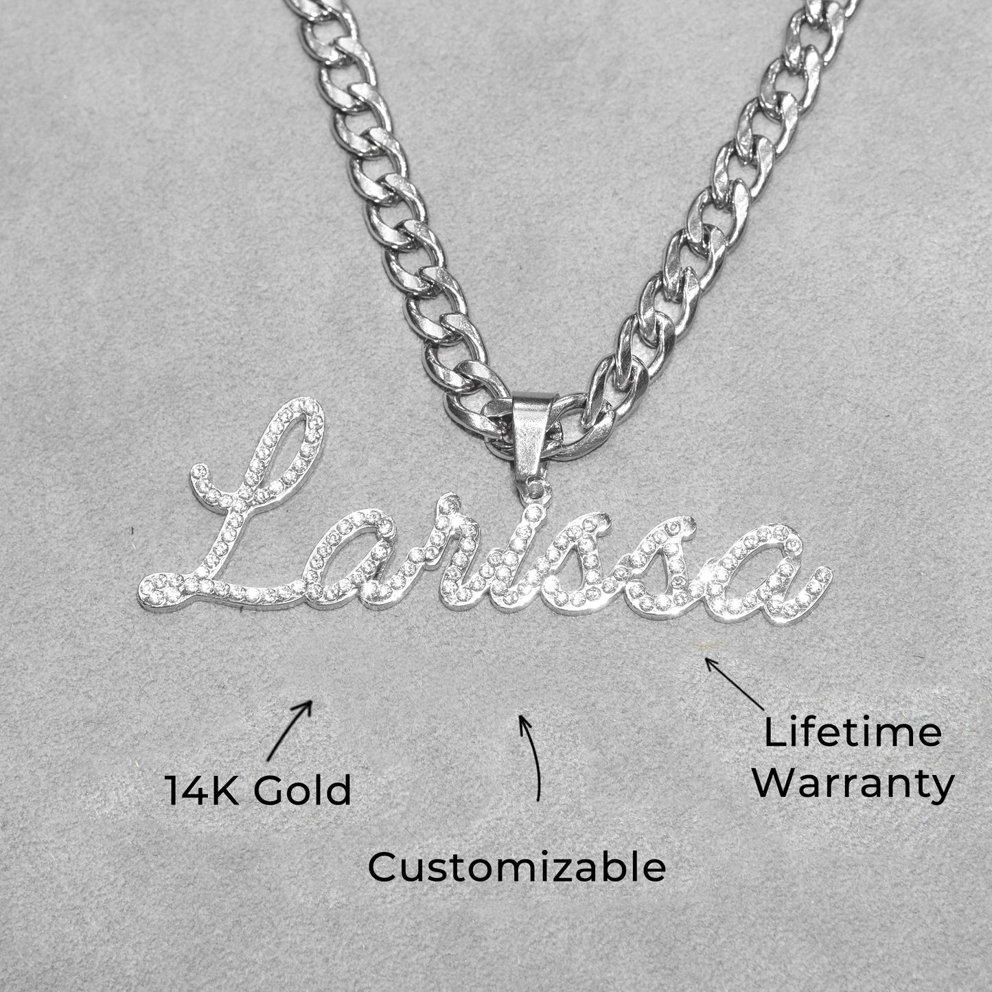 Women Jewelry - White Gold Iced Out VVS Name Necklace | Style # N26