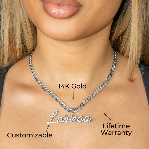 Women Jewelry - White Gold Iced Out VVS Name Necklace | Style # N27