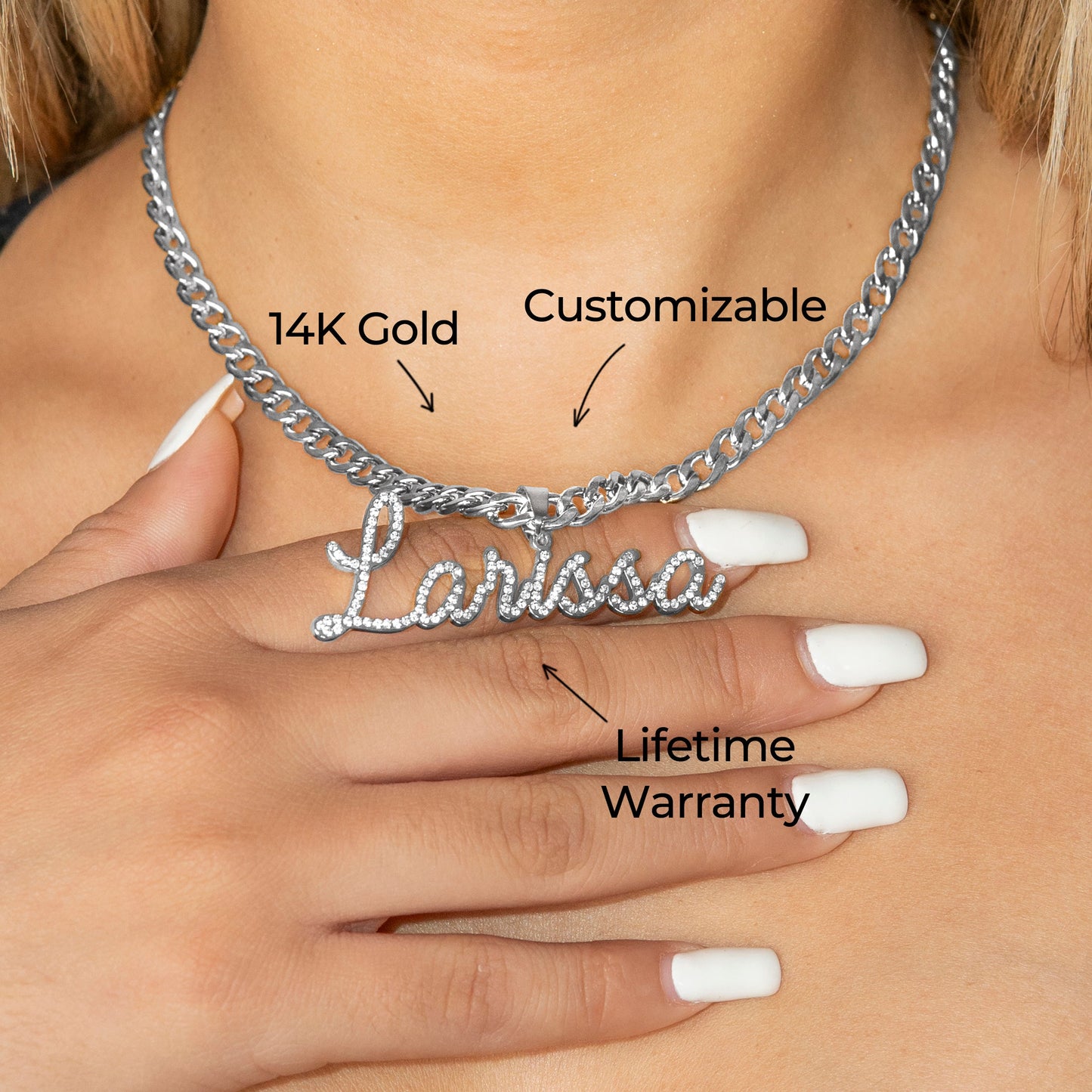 Women Jewelry - White Gold Iced Out VVS Name Necklace | Style # N26