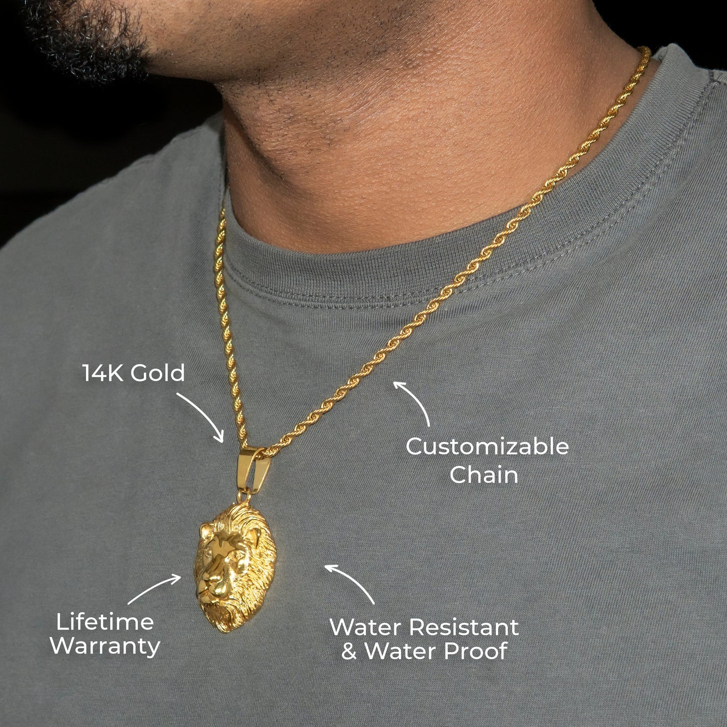 Mens Jewelry - 14K Gold Lion Head Necklace | Appx. 16 Grams