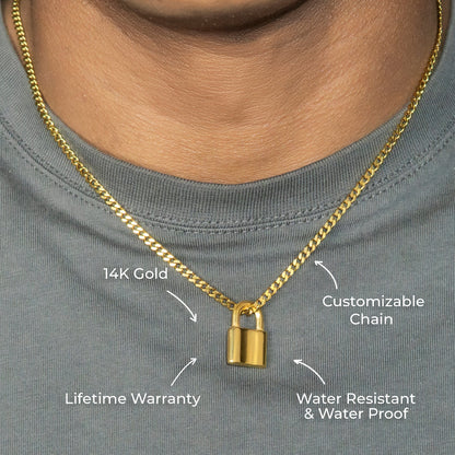 Mens Jewelry - 14K Gold Lock Necklace | Appx. 3.5 Grams