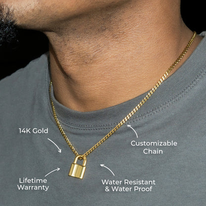 Mens Jewelry - 14K Gold Lock Necklace | Appx. 3.5 Grams