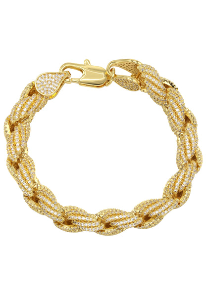 Gold Jewelry -  Mens 14K Gold Iced Out VVS Solid Rope Bracelet