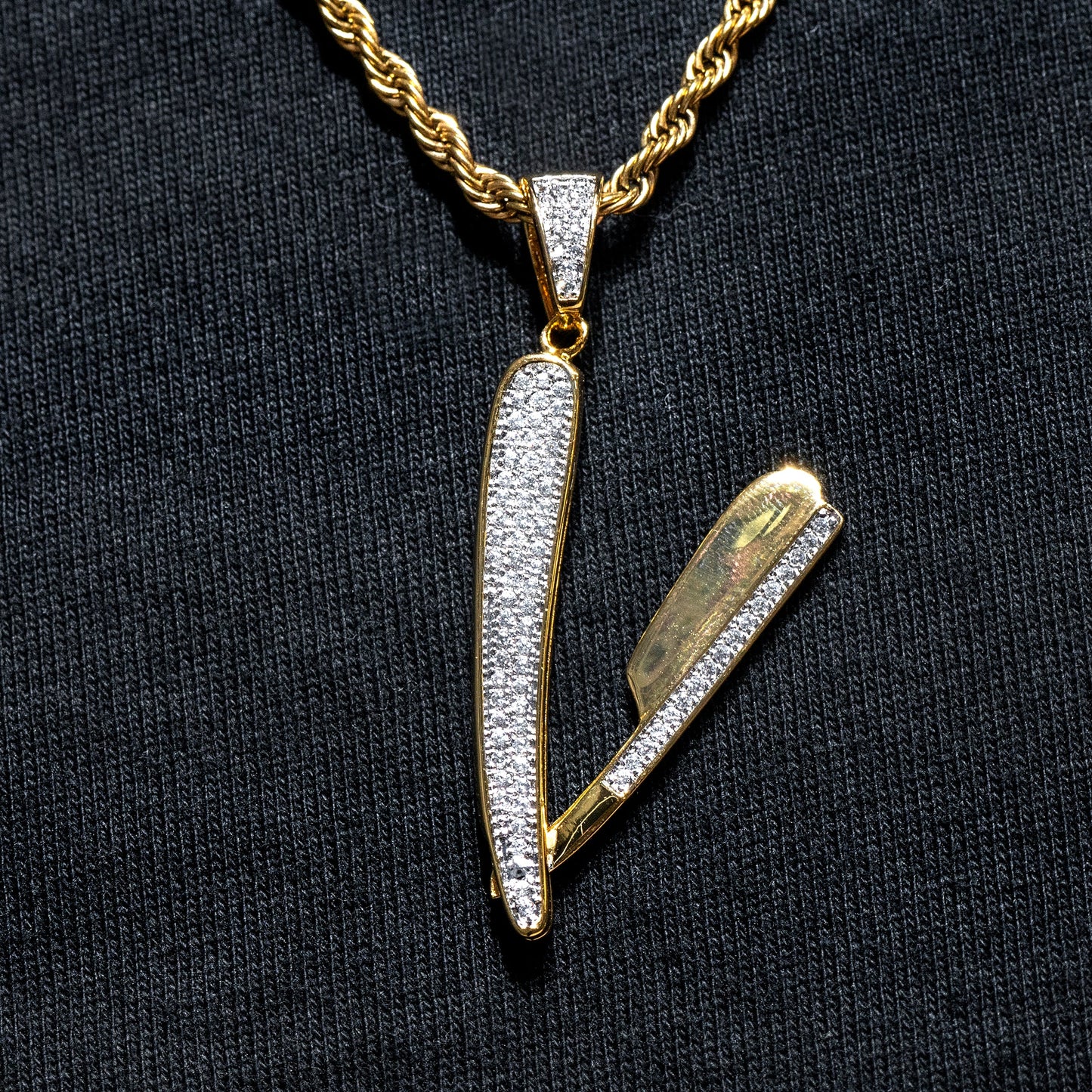 Mens Jewelry -  Gold Iced Out VVS Blade Necklace | Appx. 14 Grams